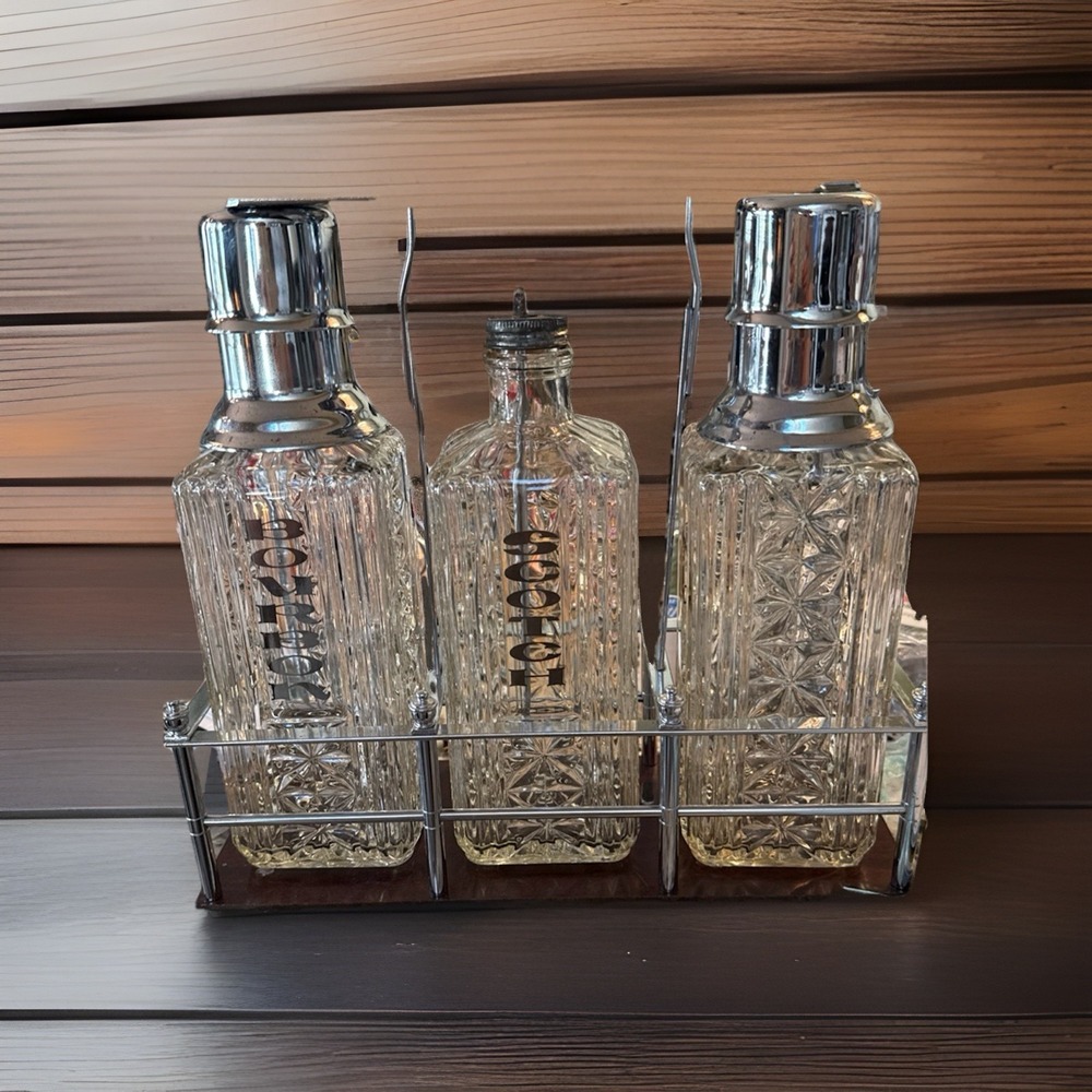 Gorgeous MCM Vintage cut glass decanter set in chrome carrying rack